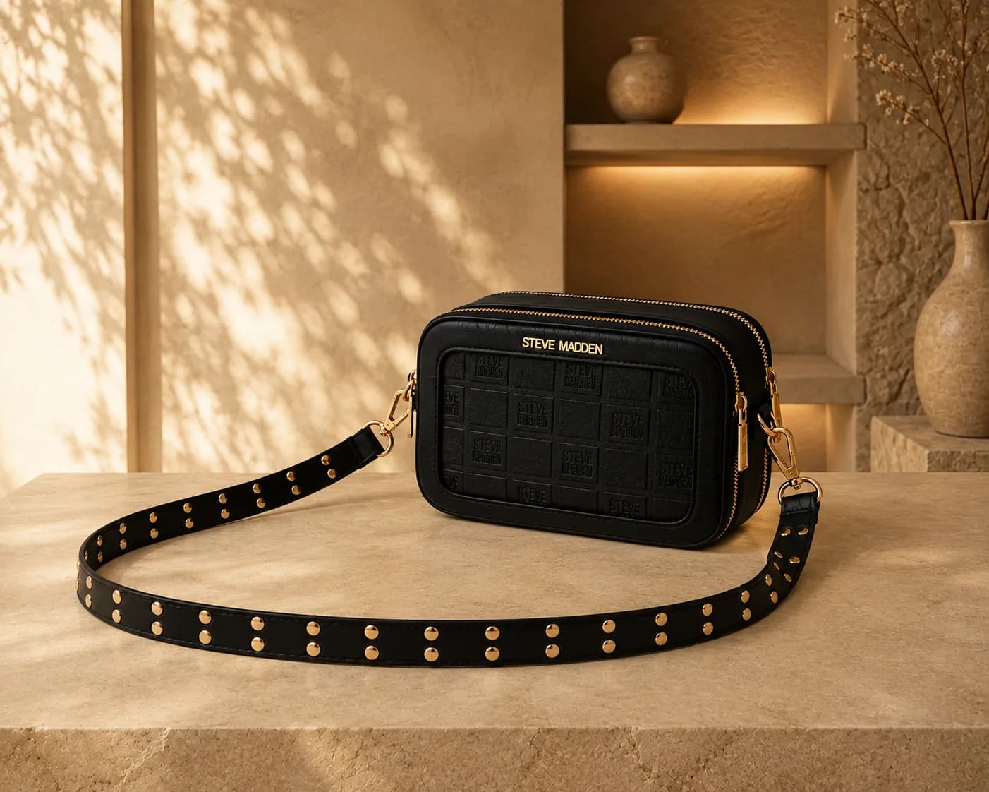 Bolso negro con correa decorativa en una escena editorial de MILA.