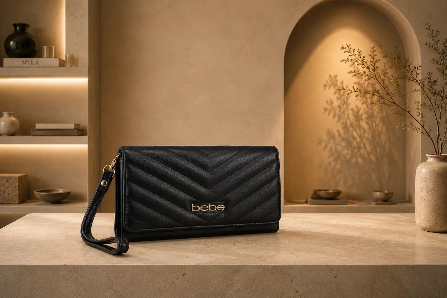 Bolso negro acolchado presentado en una escena editorial de MILA.