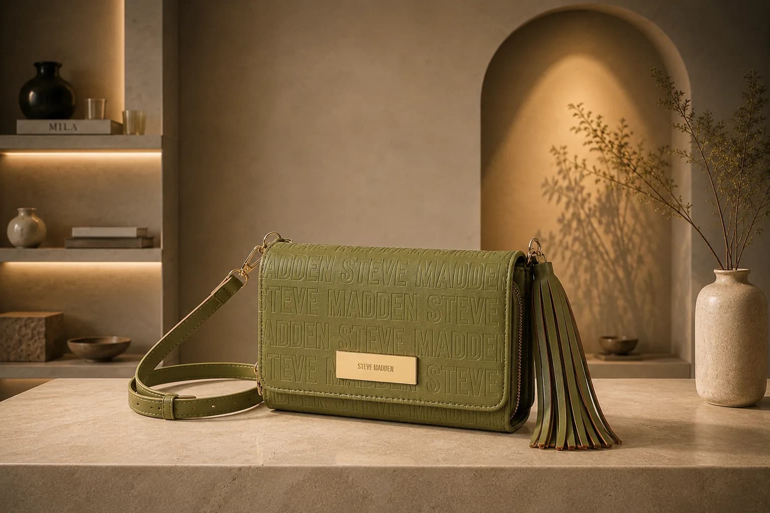 Bolso verde presentado en una sala editorial de MILA.