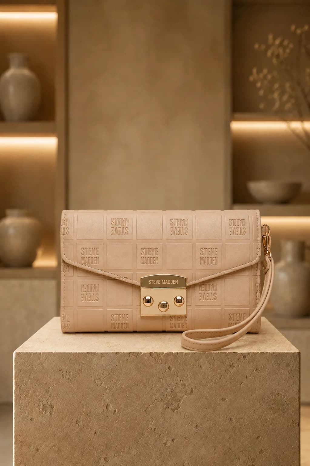 Cartera clara presentada sobre un pedestal en MILA.