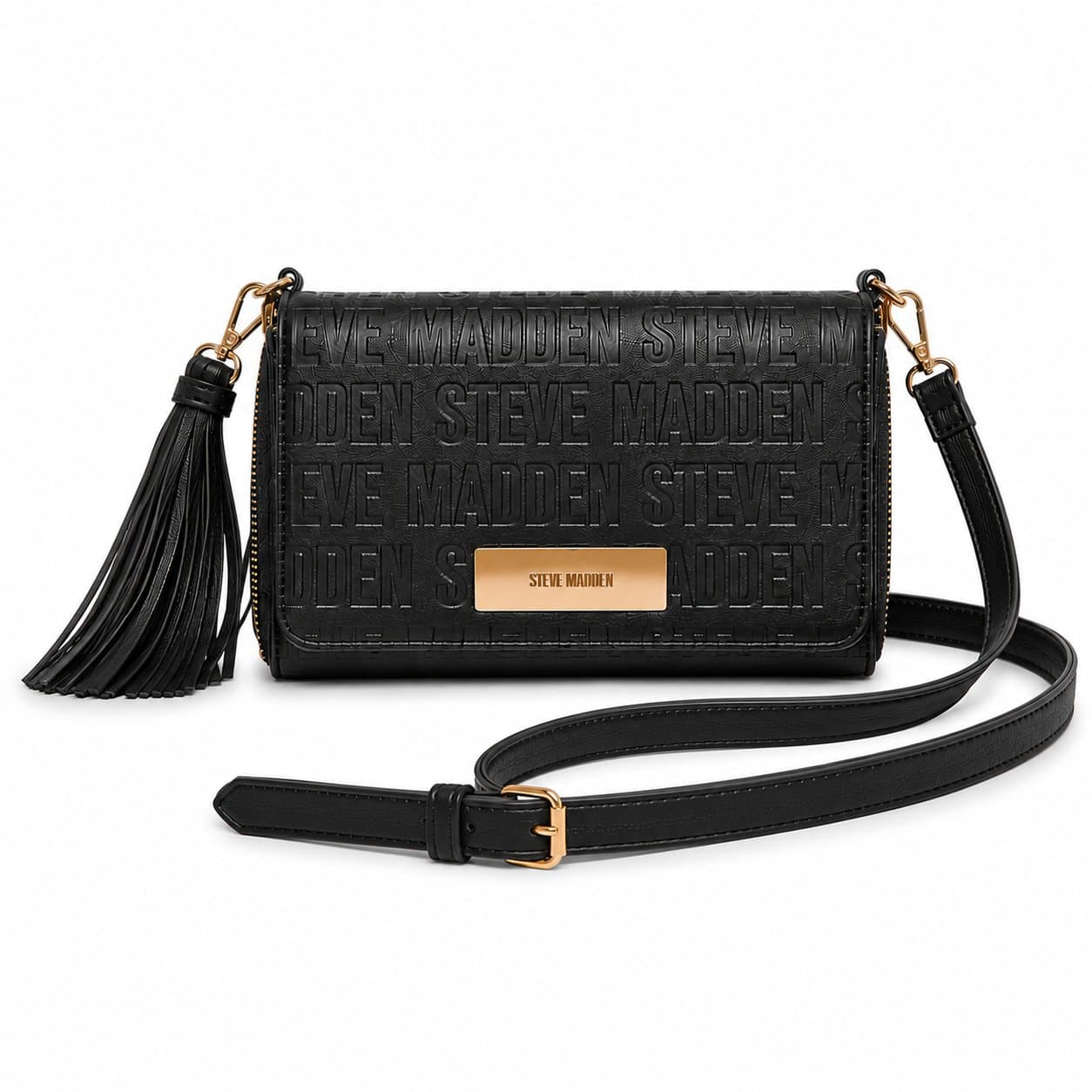 Bolsa Crossbody Steve Madden con monograma grabado y borla decorativa